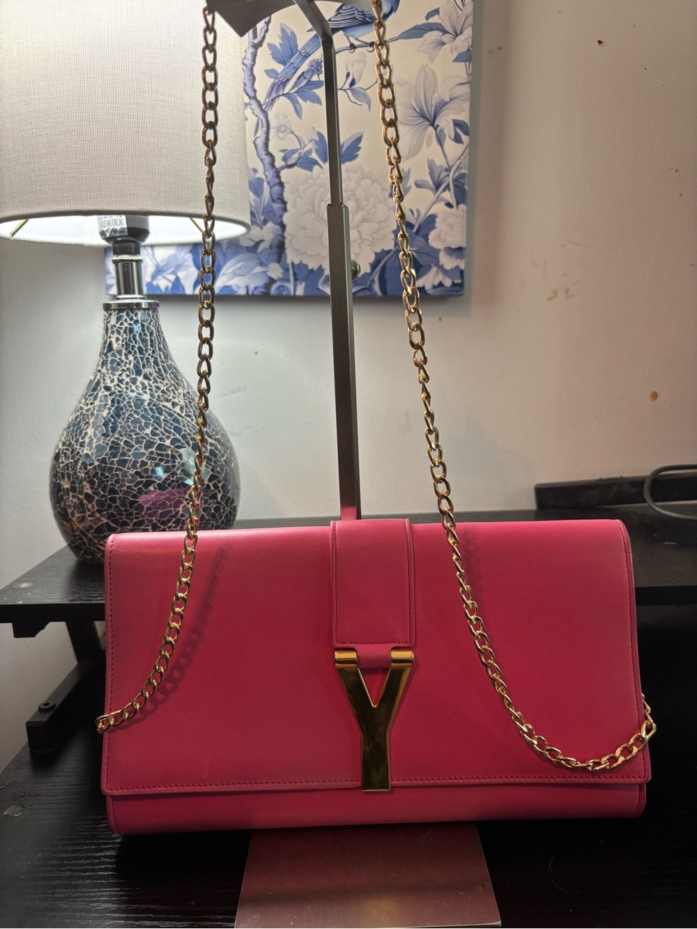 Authentic Rare Saint Laurent Fuchsia Pink Classic Y Ligne Chyc Leather Clutch